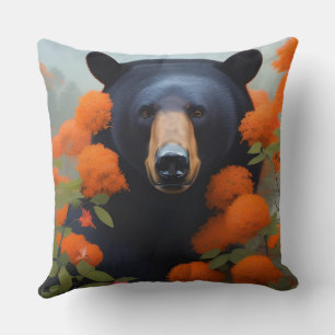 Black Bear in Orange flowers Throw Pillow