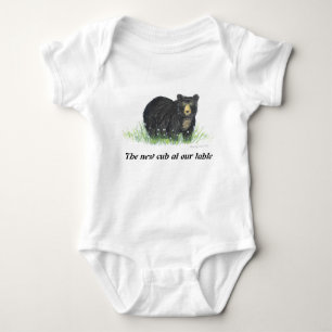 Black Bear in white flowers, baby clothes Bodysuit