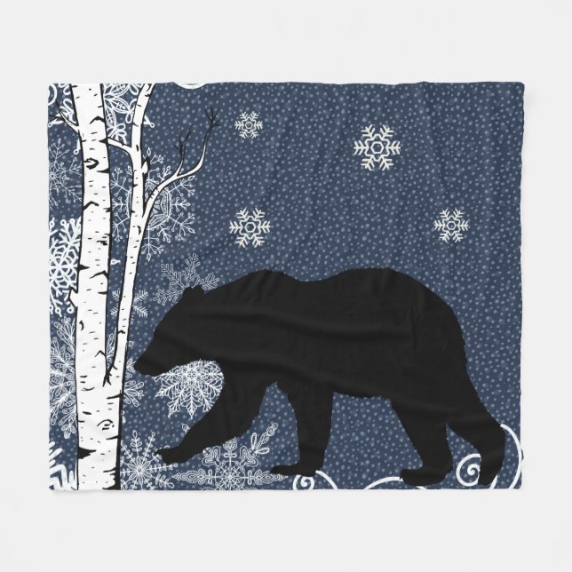 Black Bear in Winter Birch Forest Fleece Blanket (Front (Horizontal))