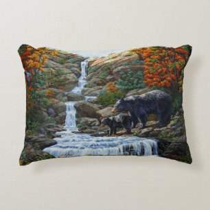 Black Bear Mother & Cub Waterfall Accent Pillow