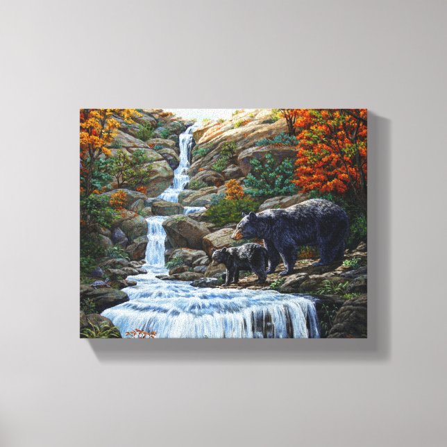 Black Bear Mother & Cub Waterfall Canvas Print (Front)