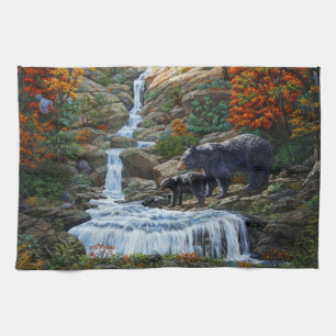 Black Bear Mother & Cub Waterfall Kitchen Towel