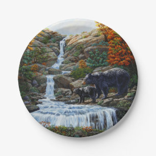 Black Bear Mother & Cub Waterfall Paper Plate