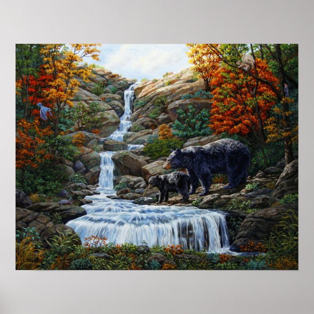 Black Bear Mother & Cub Waterfall Poster (Front)