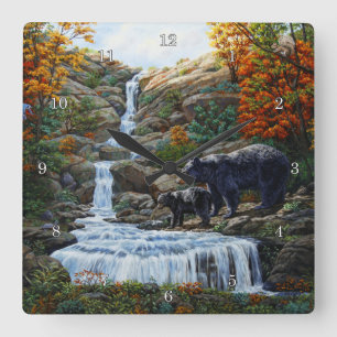 Black Bear Mother & Cub Waterfall Square Wall Clock