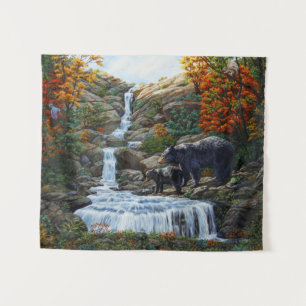 Black Bear Mother & Cub Waterfall Tapestry