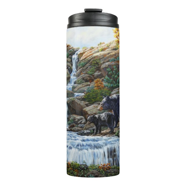 Black Bear Mother & Cub Waterfall Thermal Tumbler (Front)