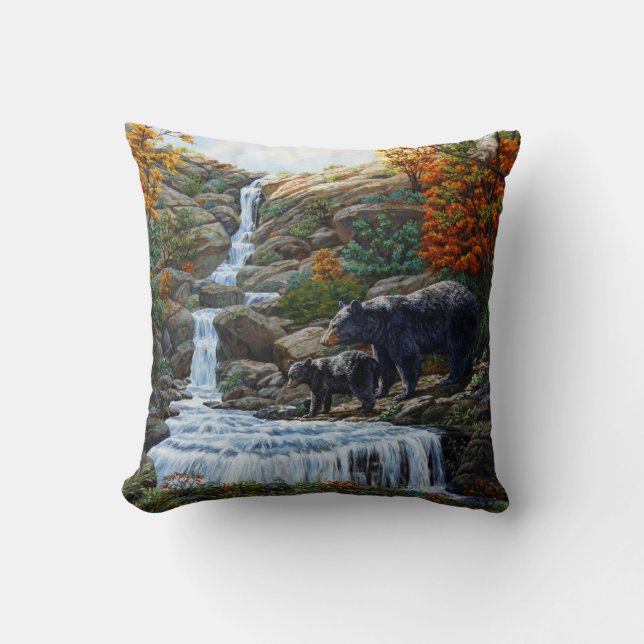 Black Bear Mother & Cub Waterfall Throw Pillow (Front)