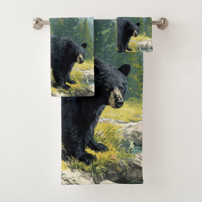 Black Bear Nature Towel Set Personalize It  (En situation)