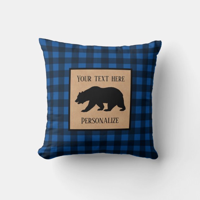 Black Bear On A Blue, Black Plaid Personalized Throw Pillow (Front)