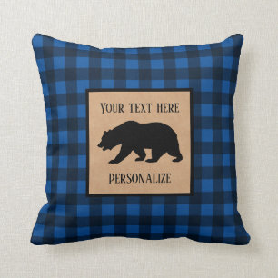 Black Bear On A Blue, Black Plaid Personalized Throw Pillow