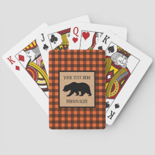 Black Bear On A Orange, Black Plaid Personalized Playing Cards