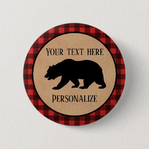 Black Bear On A Red And Black Plaid Personalized 2 Inch Round Button