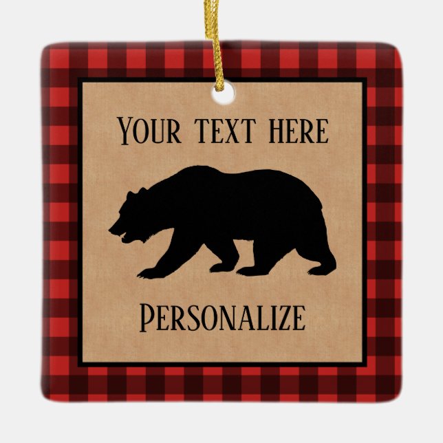 Black Bear On A Red And Black Plaid Personalized Ceramic Ornament (Front)
