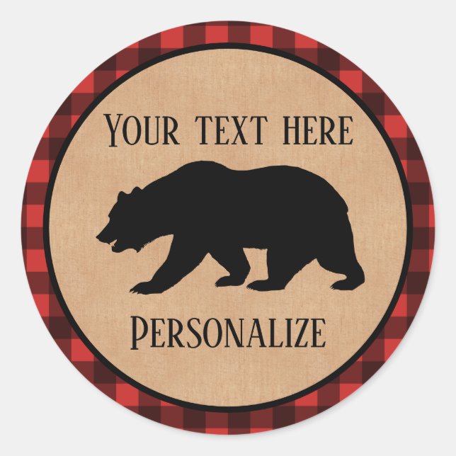 Black Bear On A Red And Black Plaid Personalized Classic Round Sticker (Front)