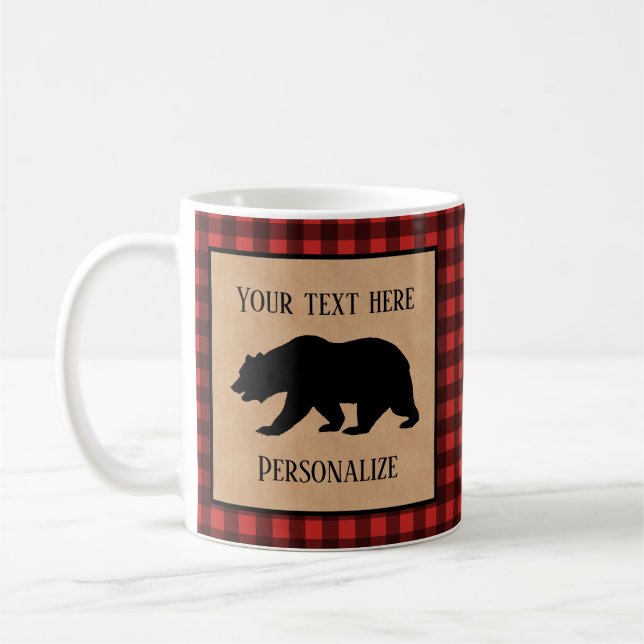 Black Bear On A Red And Black Plaid Personalized Coffee Mug (Left)