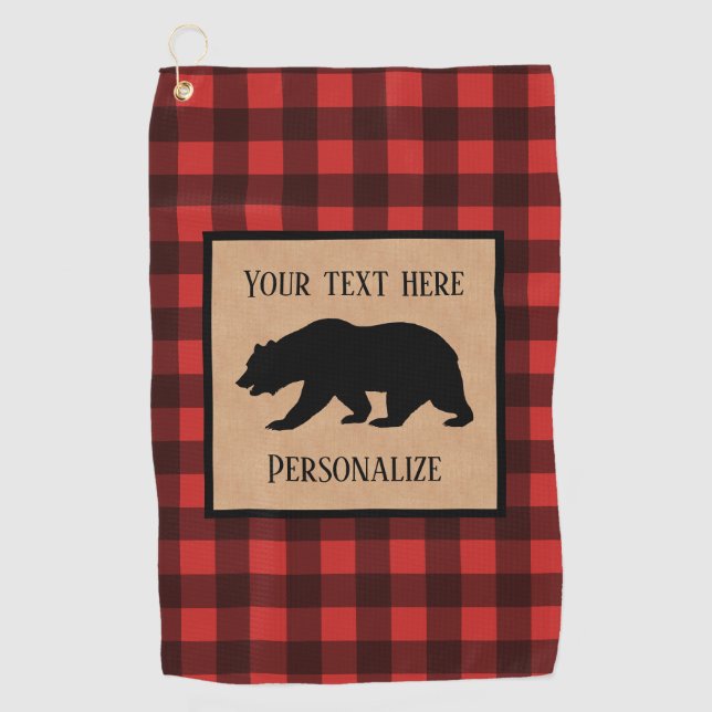 Black Bear On A Red And Black Plaid Personalized Golf Towel (Front)