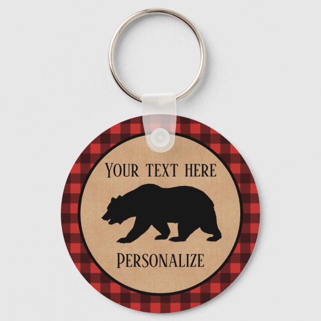 Black Bear On A Red And Black Plaid Personalized Keychain (Front)