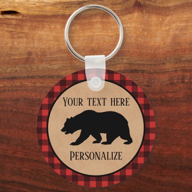 Black Bear On A Red And Black Plaid Personalized Keychain (Back)
