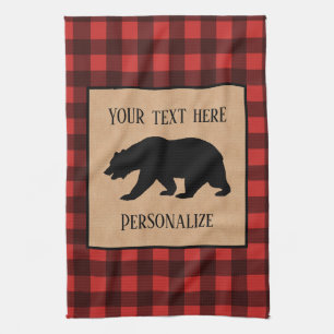Black Bear On A Red And Black Plaid Personalized Kitchen Towel
