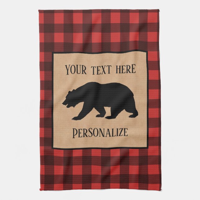 Black Bear On A Red And Black Plaid Personalized Kitchen Towel (Vertical)