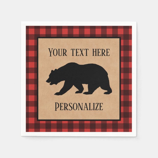 Black Bear On A Red And Black Plaid Personalized Napkin (Front)