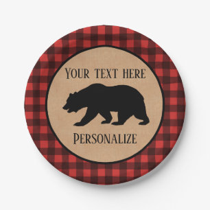 Black Bear On A Red And Black Plaid Personalized Paper Plate