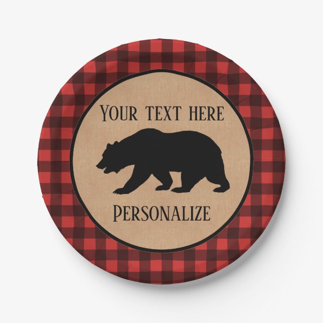  Black Bear On A Red And Black Plaid Personalized Paper Plate (Front)