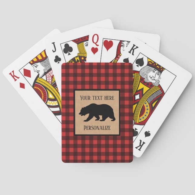 Black Bear On A Red And Black Plaid Personalized Playing Cards (Back)