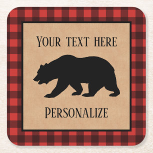 Black Bear On A Red And Black Plaid Personalized Square Paper Coaster