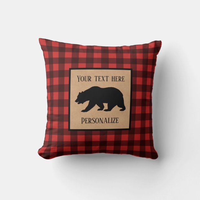 Black Bear On A Red And Black Plaid Personalized Throw Pillow (Front)