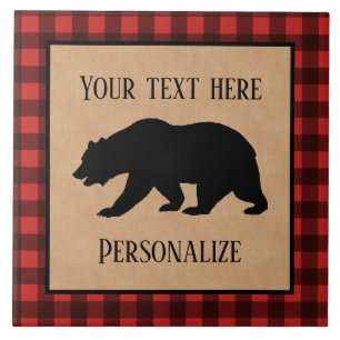 Black Bear On A Red And Black Plaid Personalized Tile