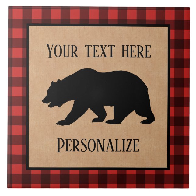 Black Bear On A Red And Black Plaid Personalized Tile (Front)