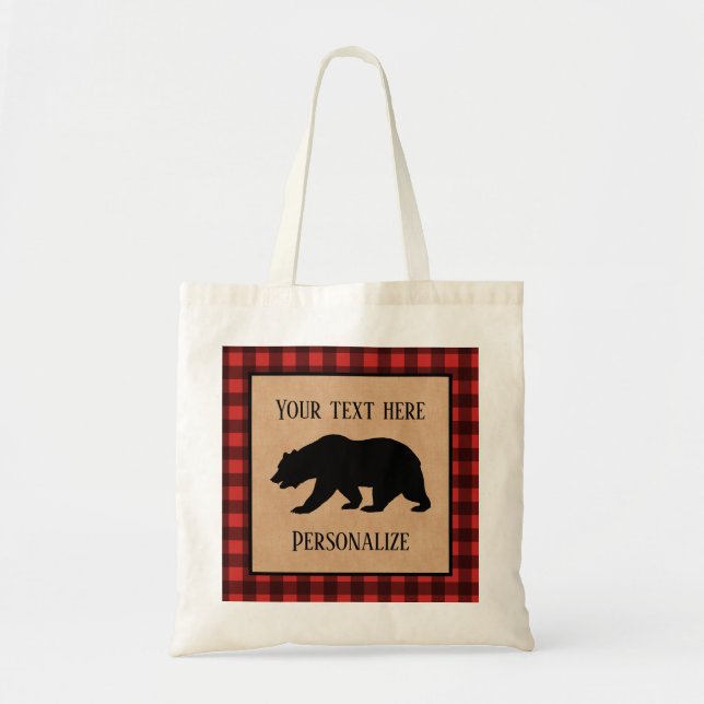 Black Bear On A Red And Black Plaid Personalized Tote Bag (Front)