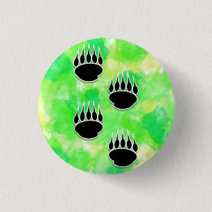 Black Bear Paw Prints Green Watercolor 1 Inch Round Button