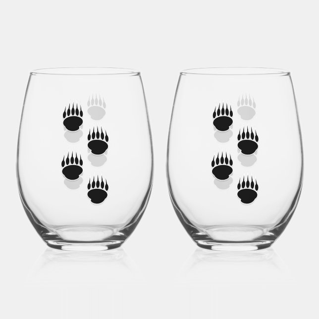 Black Bear Paw Prints Stemless Wine Glass (Front)