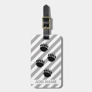 Black Bear Paw Prints White Grey Stripes Luggage Tag