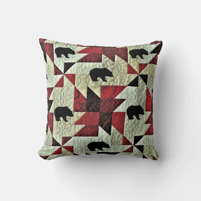 Black Bear Quilt Throw Pillow (Front)