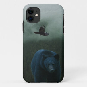 Black Bear & Raven & Misty Mountain Wildlife Theme iPhone 11 Case