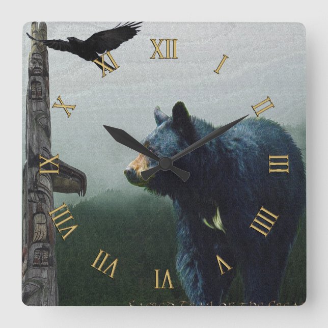 Black Bear, Raven & Totem Pole Art Square Wall Clock (Front)