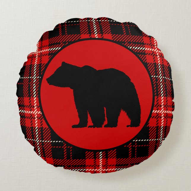 Black Bear, Red Plaid Cabin Round Pillow (Front)