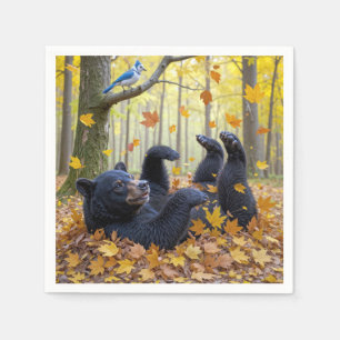 Black Bear Rolling In Autumn Leaves Napkin