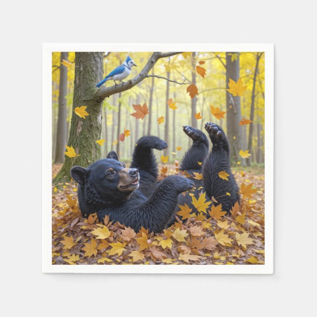 Black Bear Rolling In Autumn Leaves Napkin (Front)