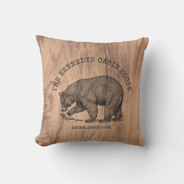 Black Bear Rustic Wood Family Name Cozy Cabin Outdoor Pillow (Front)