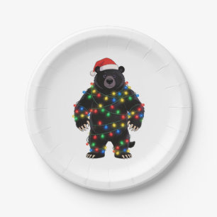Black Bear Santa Hat Christmas Lights Merry   Paper Plate
