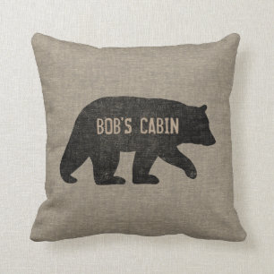 Black Bear Silhouette Burlap Style Throw Pillow