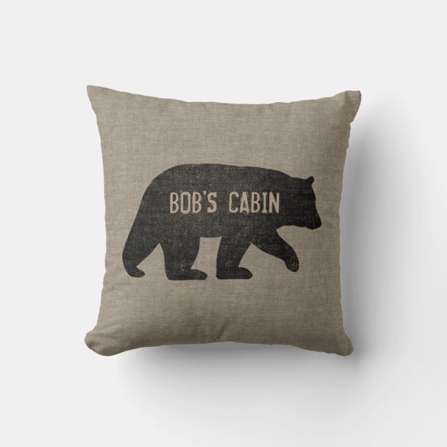 Black Bear Silhouette Faux Linen Style Custom Throw Pillow (Front)