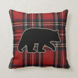 Black Bear Silhouette on Red Plaid Throw Pillow