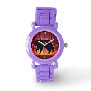 Black Bear Silhouette On Red Plaid Watch