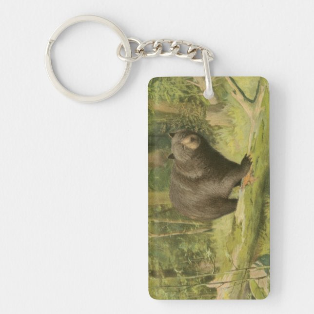 Black Bear Stepping on a Tree Trunk Keychain (Front)